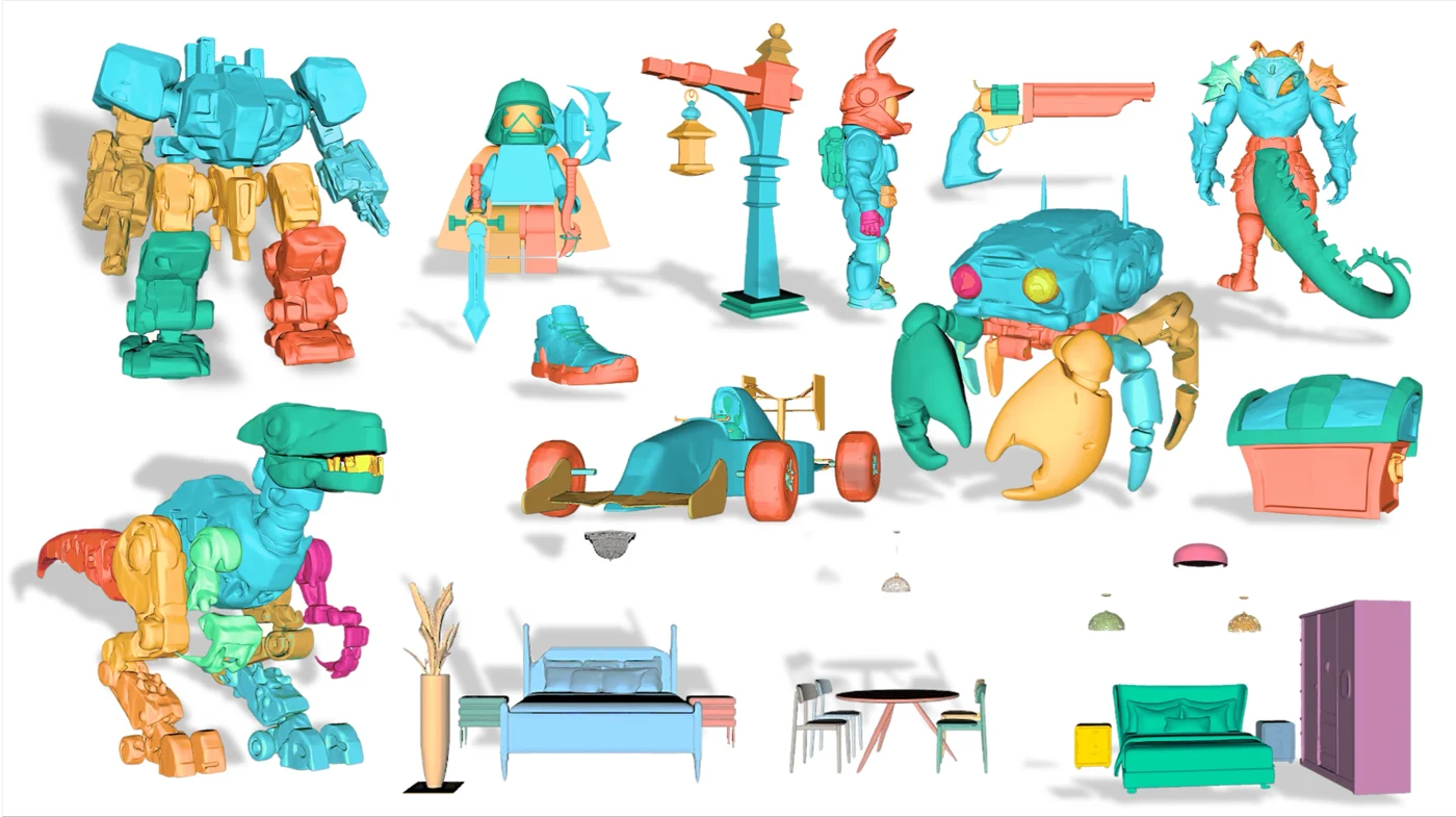 Official PartCrafter examples showing robots, props, vehicles, and furniture separated into colored mesh parts